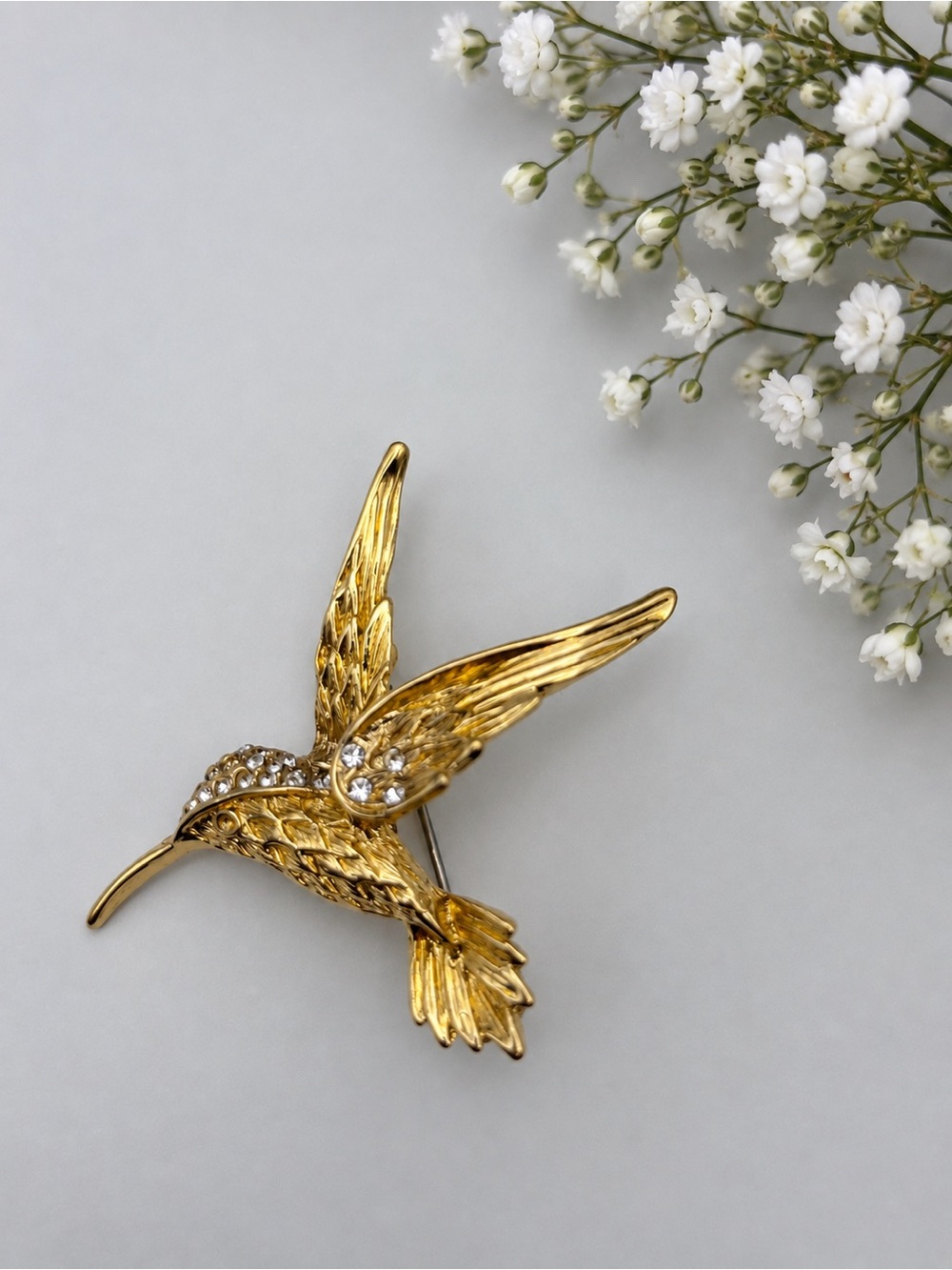 Vintage Gold Tone Rhinestone Hummingbird Brooch